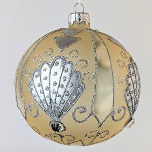 Hand Painted Sparkly Blown Glass Ornament Round Ball Peachy Gold Silver Glitter